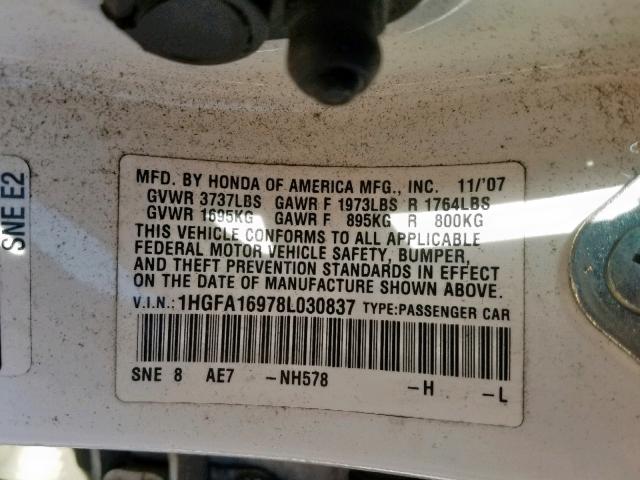 1HGFA16978L030837 - 2008 HONDA CIVIC EXL Ağ foto 10