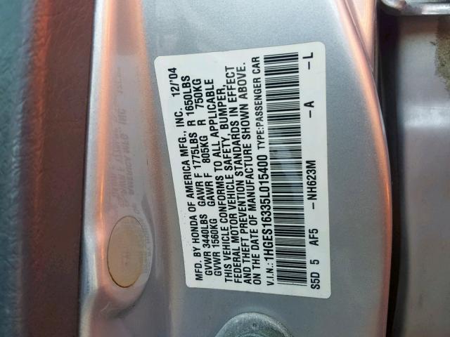 1HGES16335L015400 - 2005 HONDA CIVIC DX V SILVER photo 10