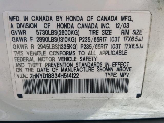 2HNYD18834H514122 - 2004 ACURA MDX TOURIN WHITE photo 10