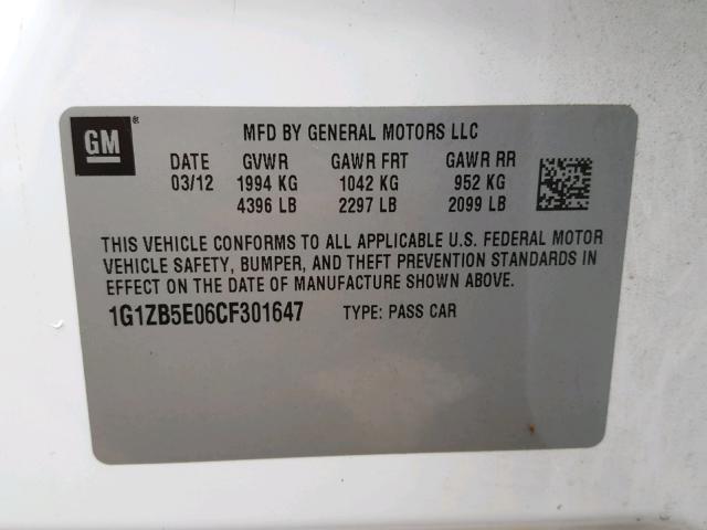 1G1ZB5E06CF301647 - 2012 CHEVROLET MALIBU LS 白色 照片 10