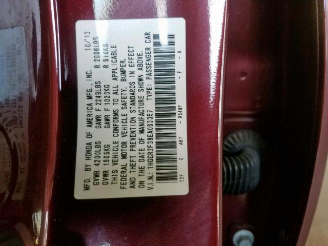 1HGCR2F39EA063357 - 2014 HONDA ACCORD LX MAROON photo 10