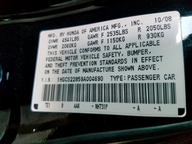 1HGCS22859A004690 - 2009 HONDA ACCORD EXL CHARCOAL photo 10