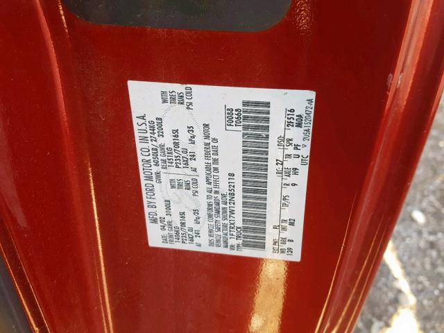 1FTRX17W12NB52118 - 2002 FORD F150 RED photo 10