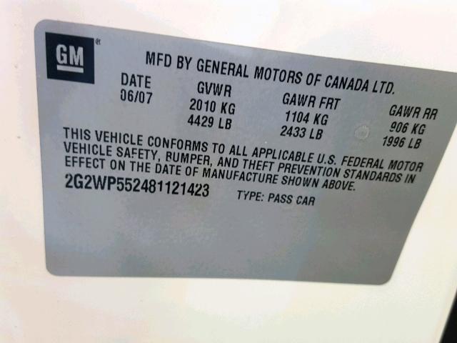 2G2WP552481121423 - 2008 PONTIAC GRAND PRIX WHITE photo 10