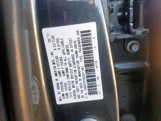 1HGCP2F49CA011867 - 2012 HONDA ACCORD LXP GRAY photo 10