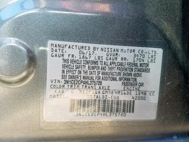 3N1CE2CP4HL375720 - 2017 NISSAN VERSA NOTE GRAY photo 10