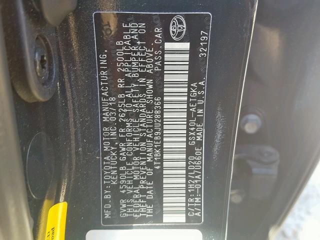 4T1BK1EB9JU288366 - 2018 TOYOTA AVALON XLE BLACK photo 10