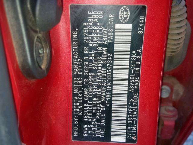 4T1BF1FK1CU547342 - 2012 TOYOTA CAMRY BASE RED photo 10
