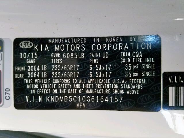 KNDMB5C10G6164157 - 2016 KIA SEDONA LX WHITE photo 10