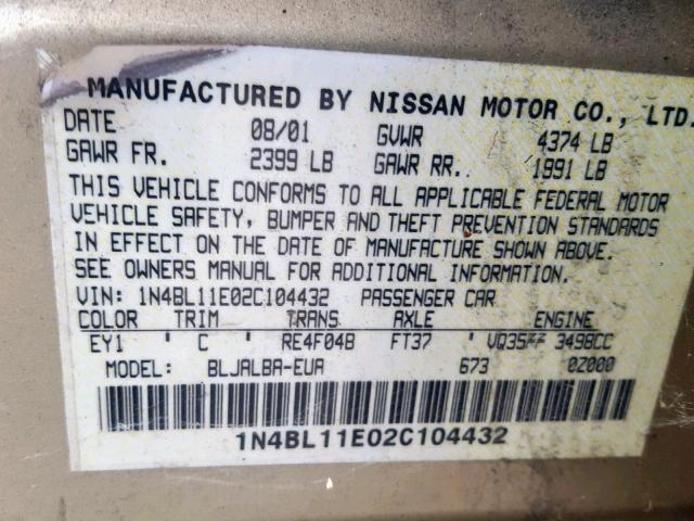 1N4BL11E02C104432 - 2002 NISSAN ALTIMA SE GOLD photo 10