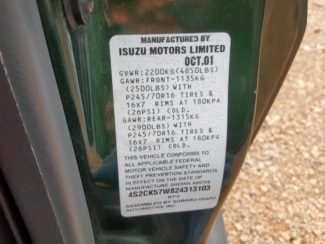 4S2CK57W824313103 - 2002 ISUZU RODEO SPOR GREEN photo 10