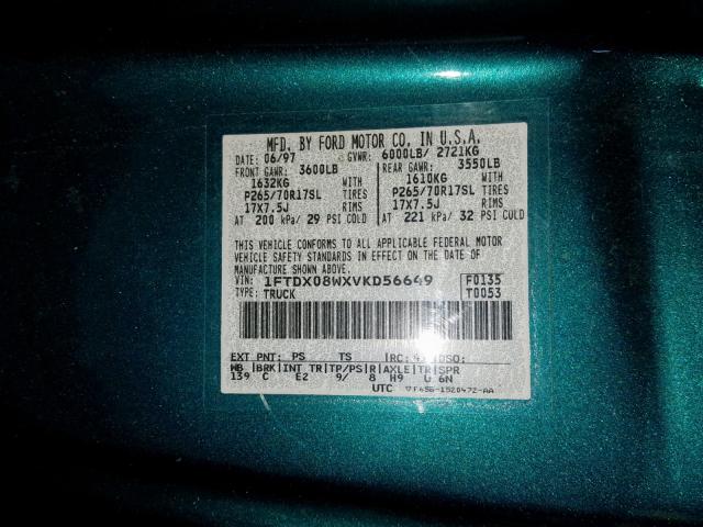 1FTDX08WXVKD56649 - 1997 FORD F150 TEAL photo 10