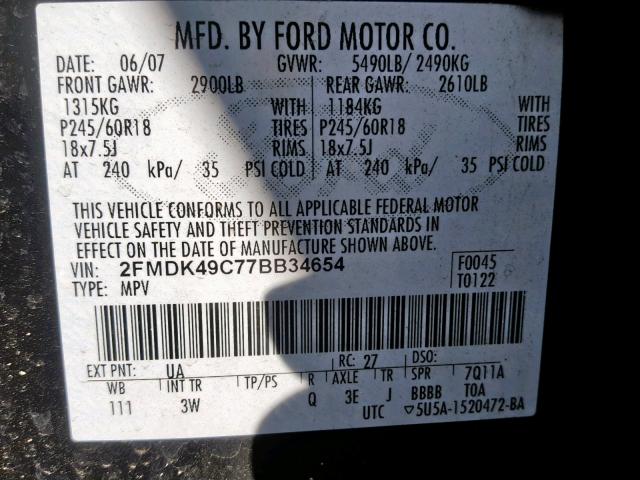 2FMDK49C77BB34654 - 2007 FORD EDGE SEL P BLACK photo 10