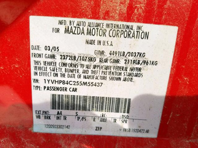 1YVHP84C255M55437 - 2005 MAZDA 6 I RED photo 10