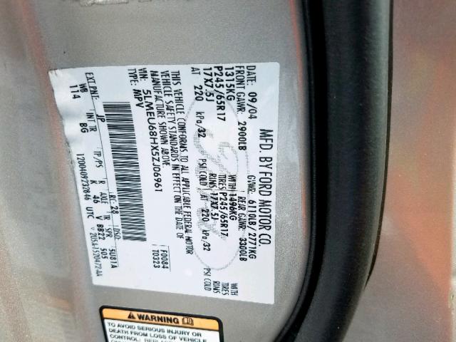 5LMEU68HX5ZJ06961 - 2005 LINCOLN AVIATOR ვერცხლისფერი ფოტო 10