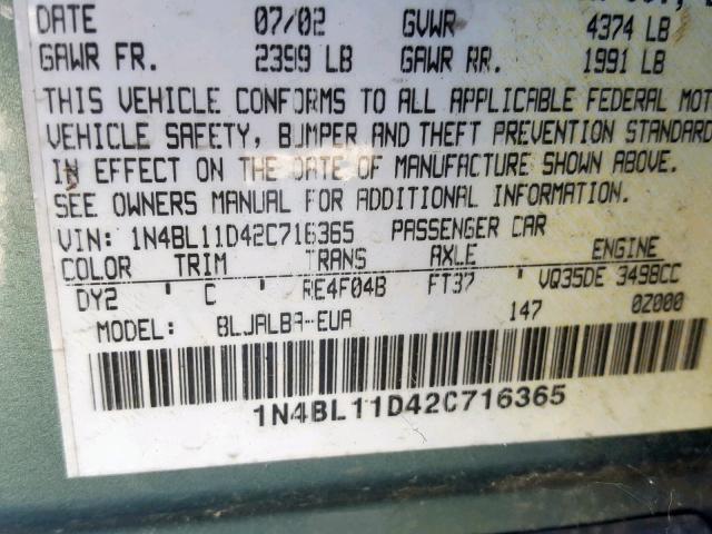 1N4BL11D42C716365 - 2002 NISSAN ALTIMA SE GREEN photo 10