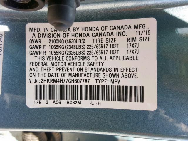 2HKRM4H77GH607787 - 2016 HONDA CR-V EXL BLUE photo 10