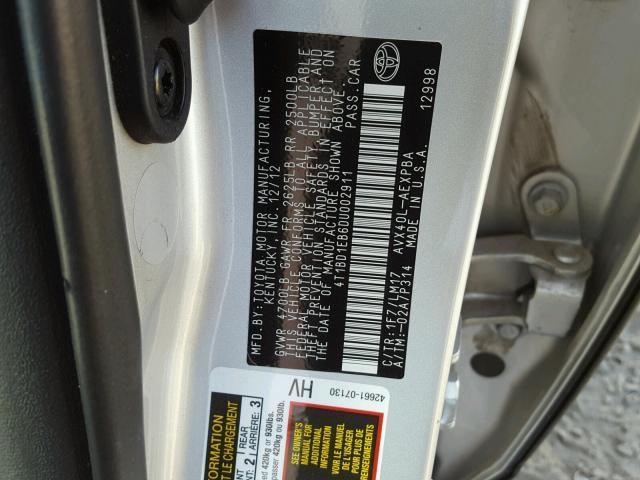 4T1BD1EB6DU002911 - 2013 TOYOTA AVALON HYB SILVER photo 10