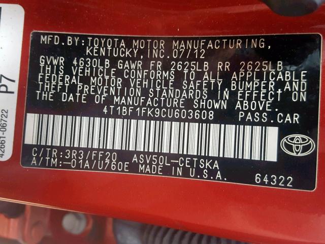 4T1BF1FK9CU603608 - 2012 TOYOTA CAMRY BASE RED photo 10
