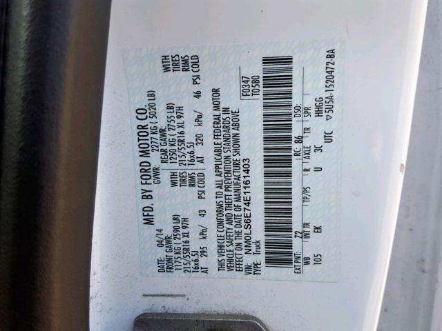 NM0LS6E74E1161403 - 2014 FORD TRANSIT CO WHITE photo 10