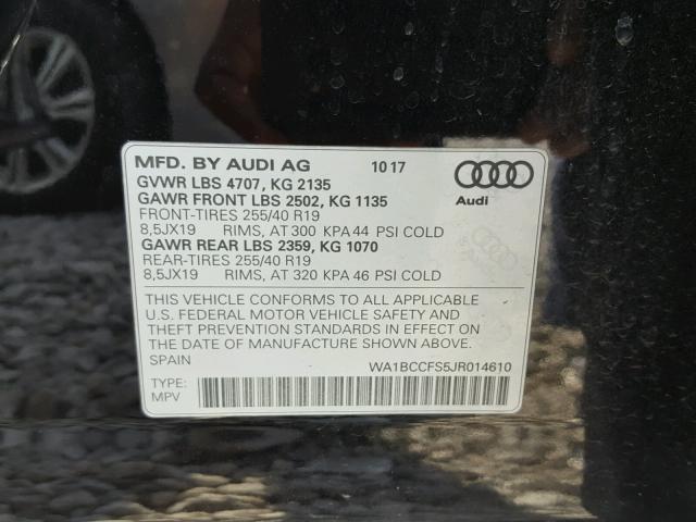 WA1BCCFS5JR014610 - 2018 AUDI Q3 PREMIUM BLACK photo 10