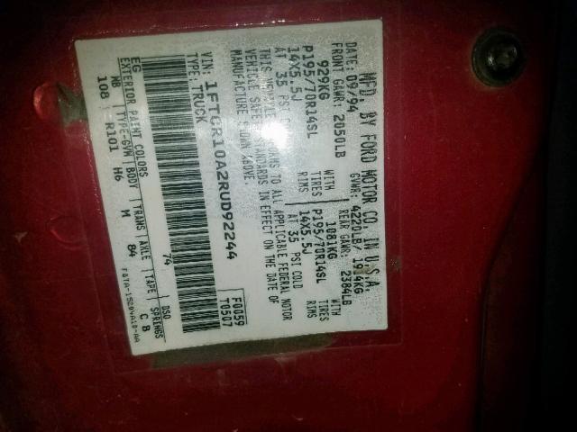 1FTCR10A2RUD92244 - 1994 FORD RANGER RED photo 10