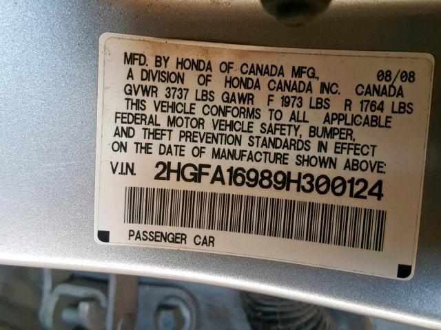 2HGFA16989H300124 - 2009 HONDA CIVIC EXL 银色 照片 10