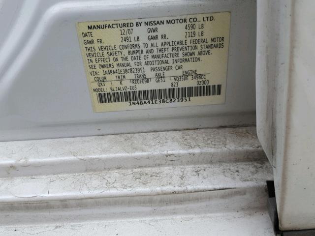 1N4BA41E38C823951 - 2008 NISSAN MAXIMA SE WHITE photo 10