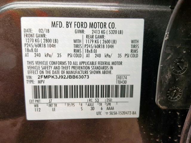 2FMPK3J92JBB63073 - 2018 FORD EDGE SEL GRAY photo 10