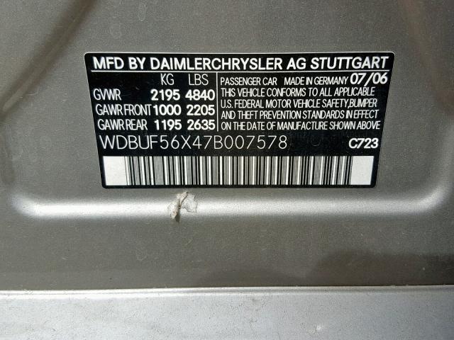 WDBUF56X47B007578 - 2007 MERCEDES-BENZ E 350 SILVER photo 10