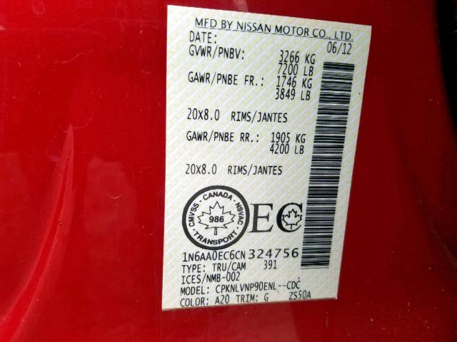 1N6AA0EC6CN324756 - 2012 NISSAN TITAN S RED photo 10