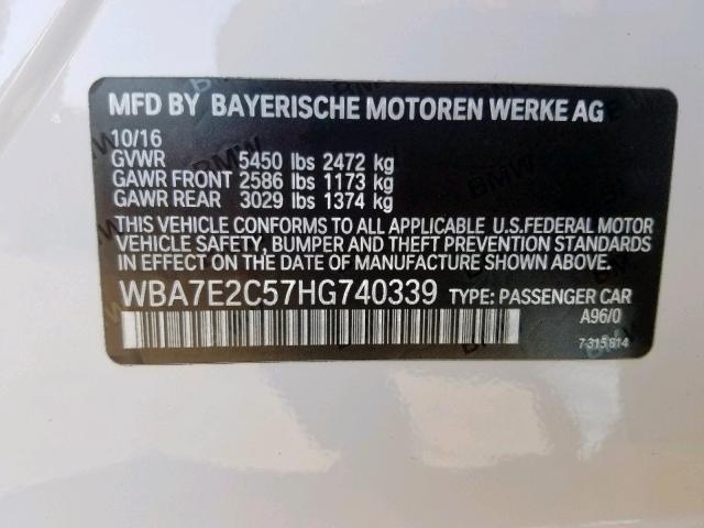 WBA7E2C57HG740339 - 2017 BMW 740 I WHITE photo 10