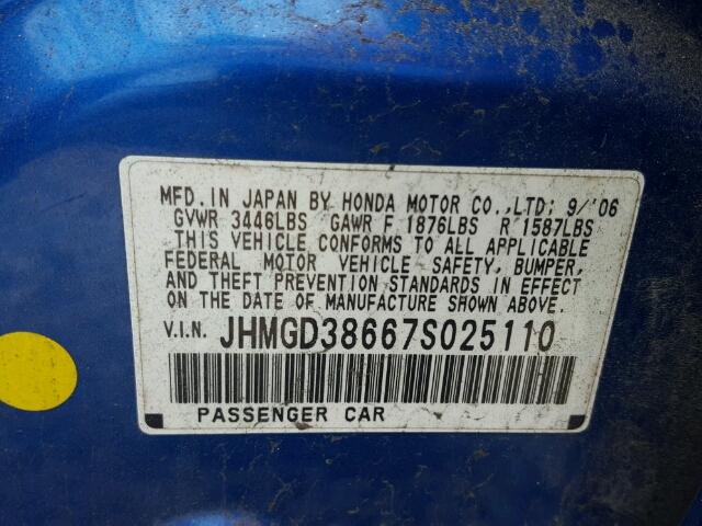 JHMGD38667S025110 - 2007 HONDA FIT S BLUE photo 10