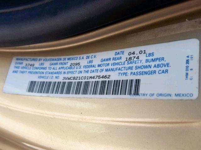 3VWCB21C01M475462 - 2001 VOLKSWAGEN NEW BEETLE ბეჟი ფოტო 10