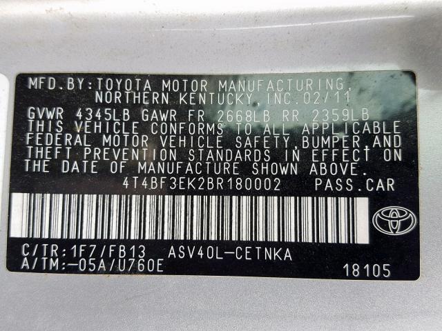 4T4BF3EK2BR180002 - 2011 TOYOTA CAMRY BASE SILVER photo 10