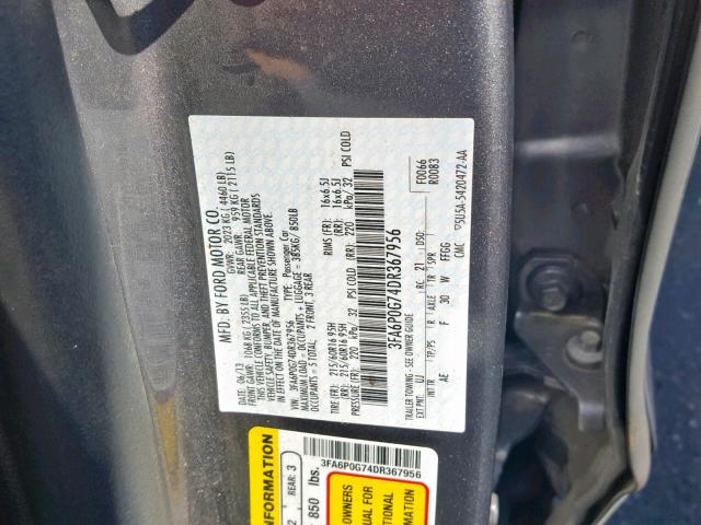 3FA6P0G74DR367956 - 2013 FORD FUSION S GRAY photo 10