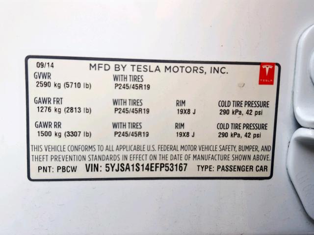 5YJSA1S14EFP53167 - 2014 TESLA MODEL S WHITE photo 10