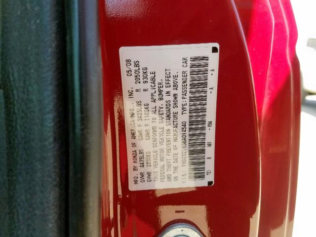 1HGCS21838A014540 - 2008 HONDA ACCORD EXL RED photo 10