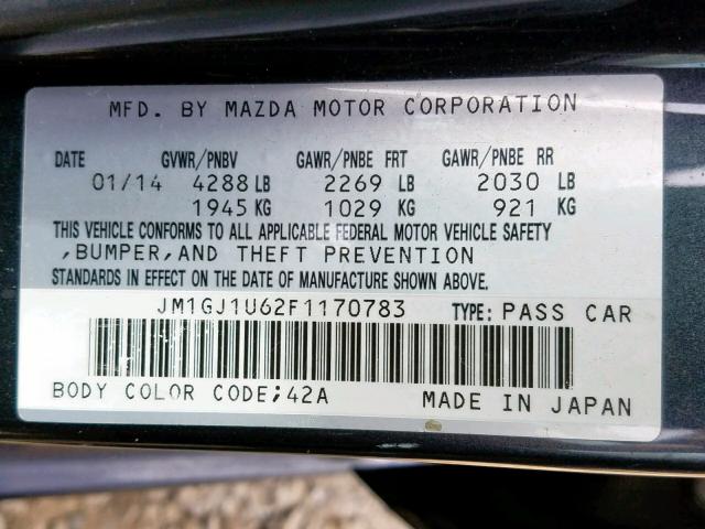 JM1GJ1U62F1170783 - 2015 MAZDA 6 SPORT GRAY photo 10