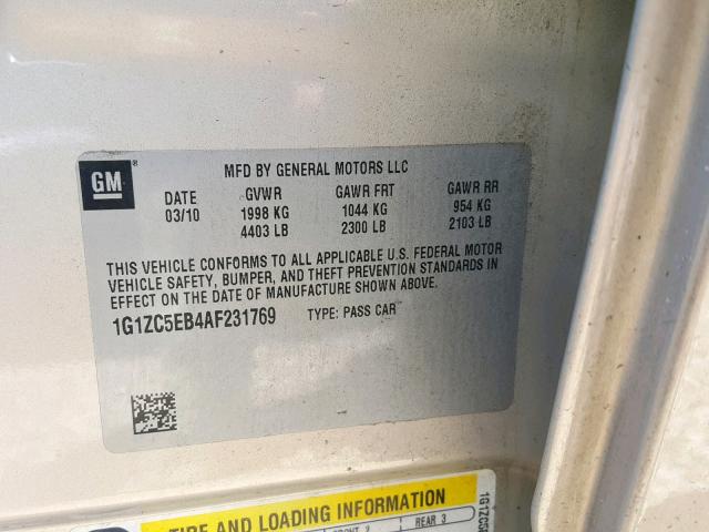 1G1ZC5EB4AF231769 - 2010 CHEVROLET MALIBU 1LT SILVER photo 10