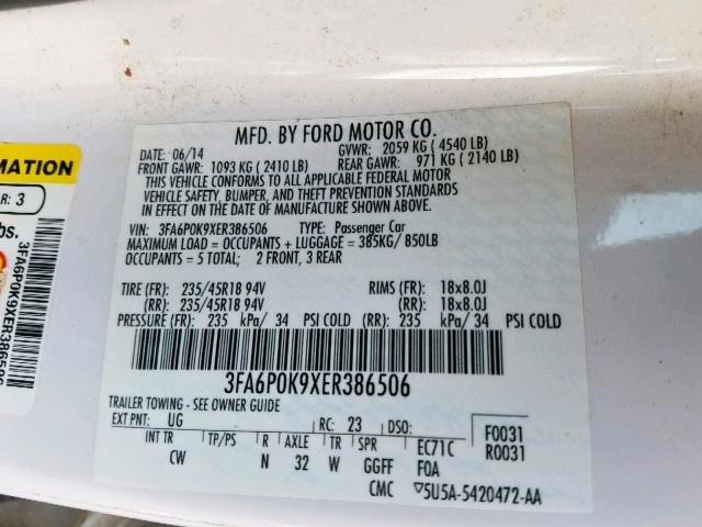 3FA6P0K9XER386506 - 2014 FORD FUSION TIT WHITE photo 10