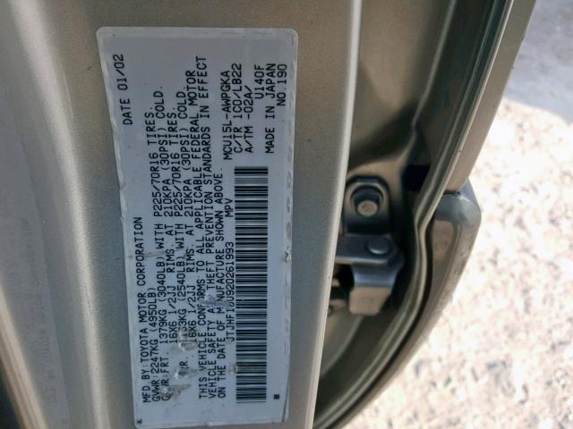 JTJHF10U920261993 - 2002 LEXUS RX 300 SILVER photo 10