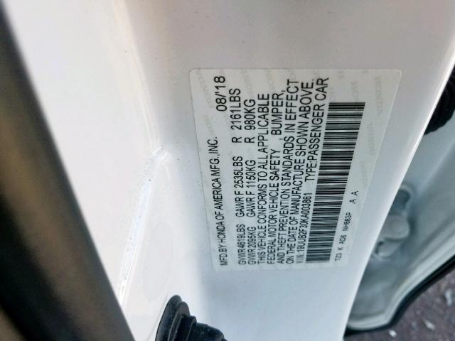 19UUB2F30KA003861 - 2019 ACURA TLX WHITE photo 10