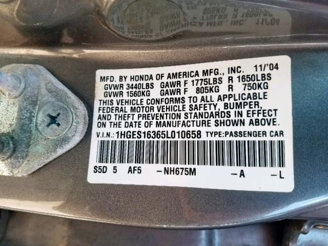 1HGES16365L010658 - 2005 HONDA CIVIC DX V GRAY photo 10