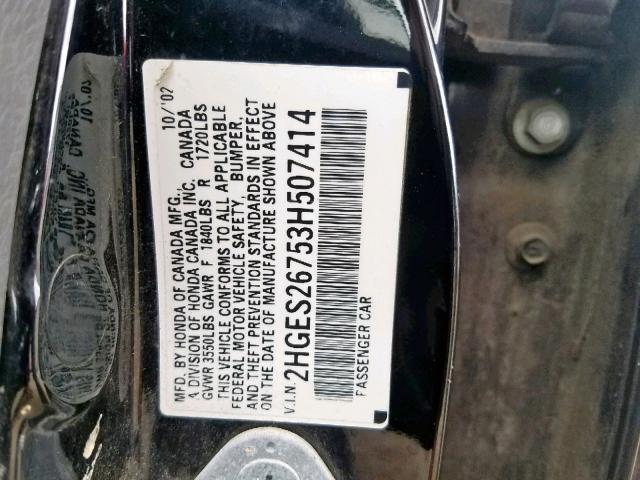 2HGES26753H507414 - 2003 HONDA CIVIC EX BLACK photo 10