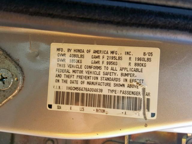 1HGCM56476A004639 - 2006 HONDA ACCORD LX SILVER photo 10