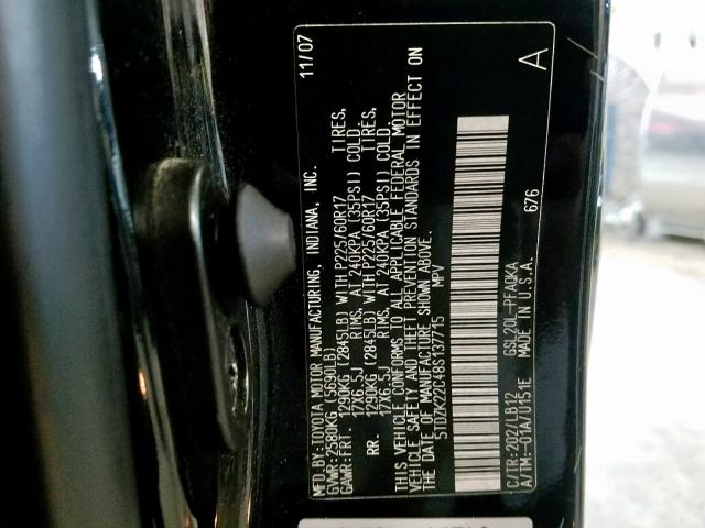 5TDZK22C48S137715 - 2008 TOYOTA SIENNA XLE BLACK photo 10