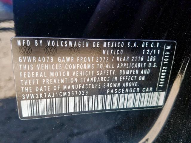 3VW2K7AJ1CM357026 - 2012 VOLKSWAGEN JETTA BASE 黑色 照片 10