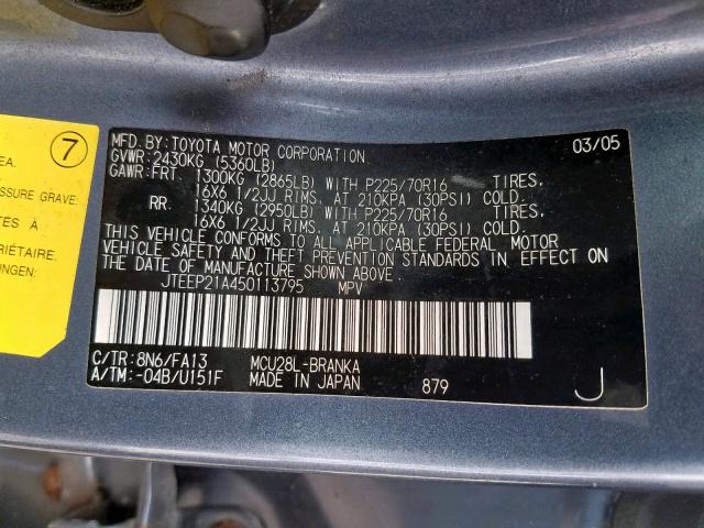 JTEEP21A450113795 - 2005 TOYOTA HIGHLANDER BLUE photo 10