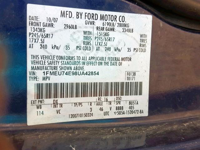 1FMEU74E98UA42854 - 2008 FORD EXPLORER E BLUE photo 10